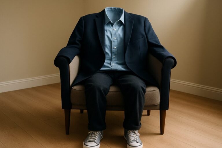 A suit and sneakers on a chair but no body in them. "Empty Suit" of Covert Narcissistic husband.