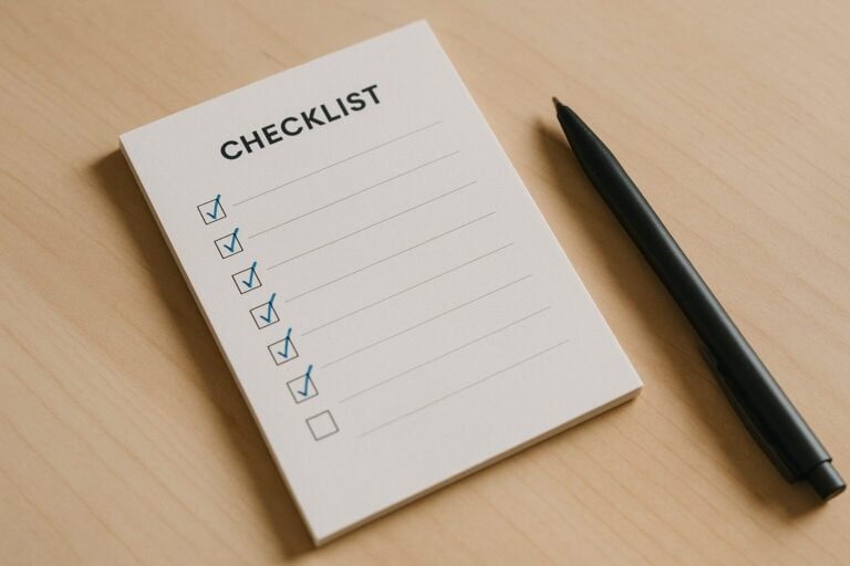 A checklist pad with blue pen checks and a pen but no words to describe the actions. Indecision.