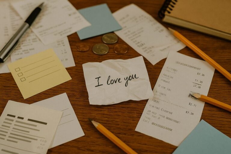 A chaotic group of papers with a crumpled "I love you" on it indicating intentions never expressed.