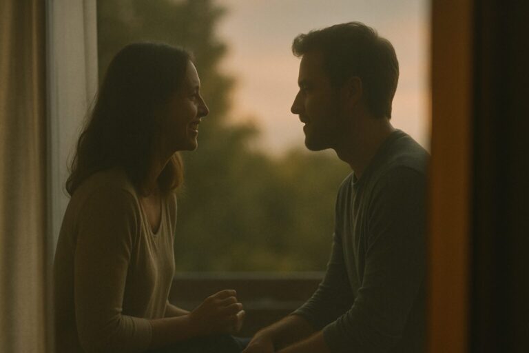 Two people facing one another in front of a window excitedly asking each other questions.